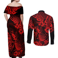 Hawaii Pineapple Couples Matching Off Shoulder Maxi Dress and Long Sleeve Button Shirts Polynesian Pattern Red Version LT01 - Polynesian Pride