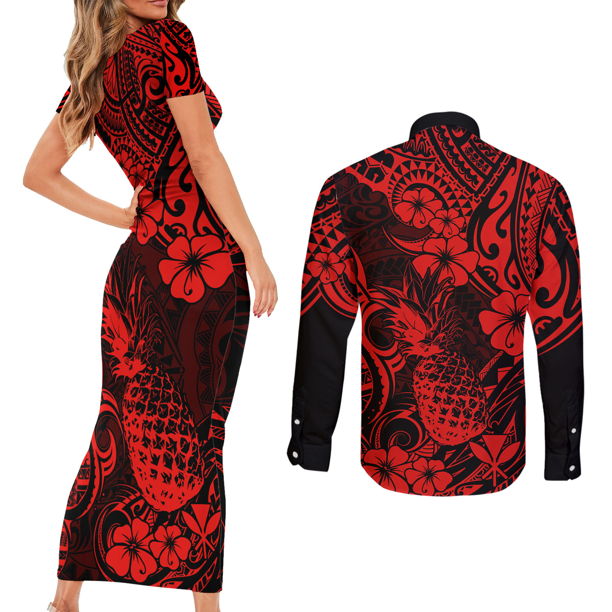 Hawaii Pineapple Couples Matching Short Sleeve Bodycon Dress and Long Sleeve Button Shirts Polynesian Pattern Red Version LT01 - Polynesian Pride