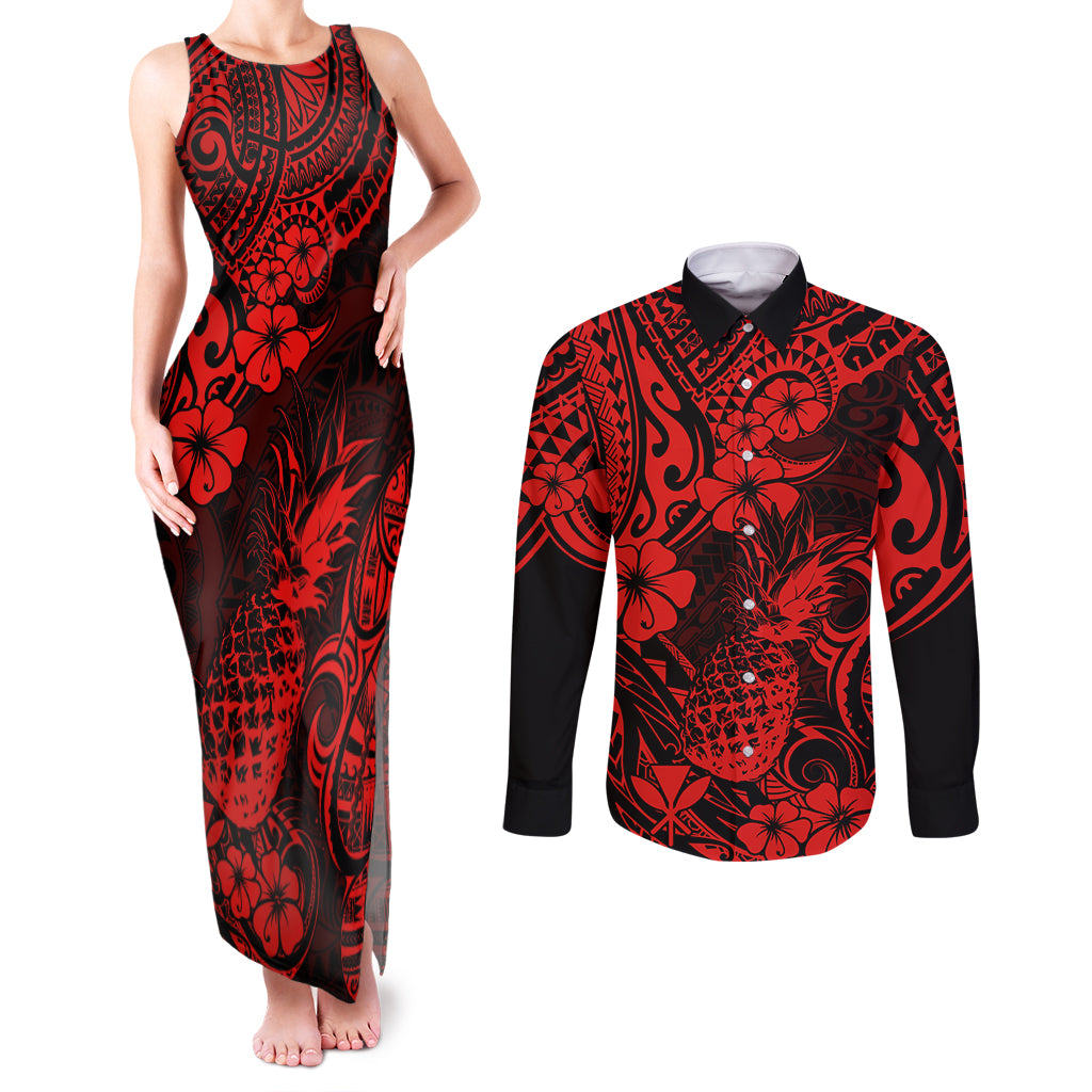 Hawaii Pineapple Couples Matching Tank Maxi Dress and Long Sleeve Button Shirts Polynesian Pattern Red Version LT01 Red - Polynesian Pride