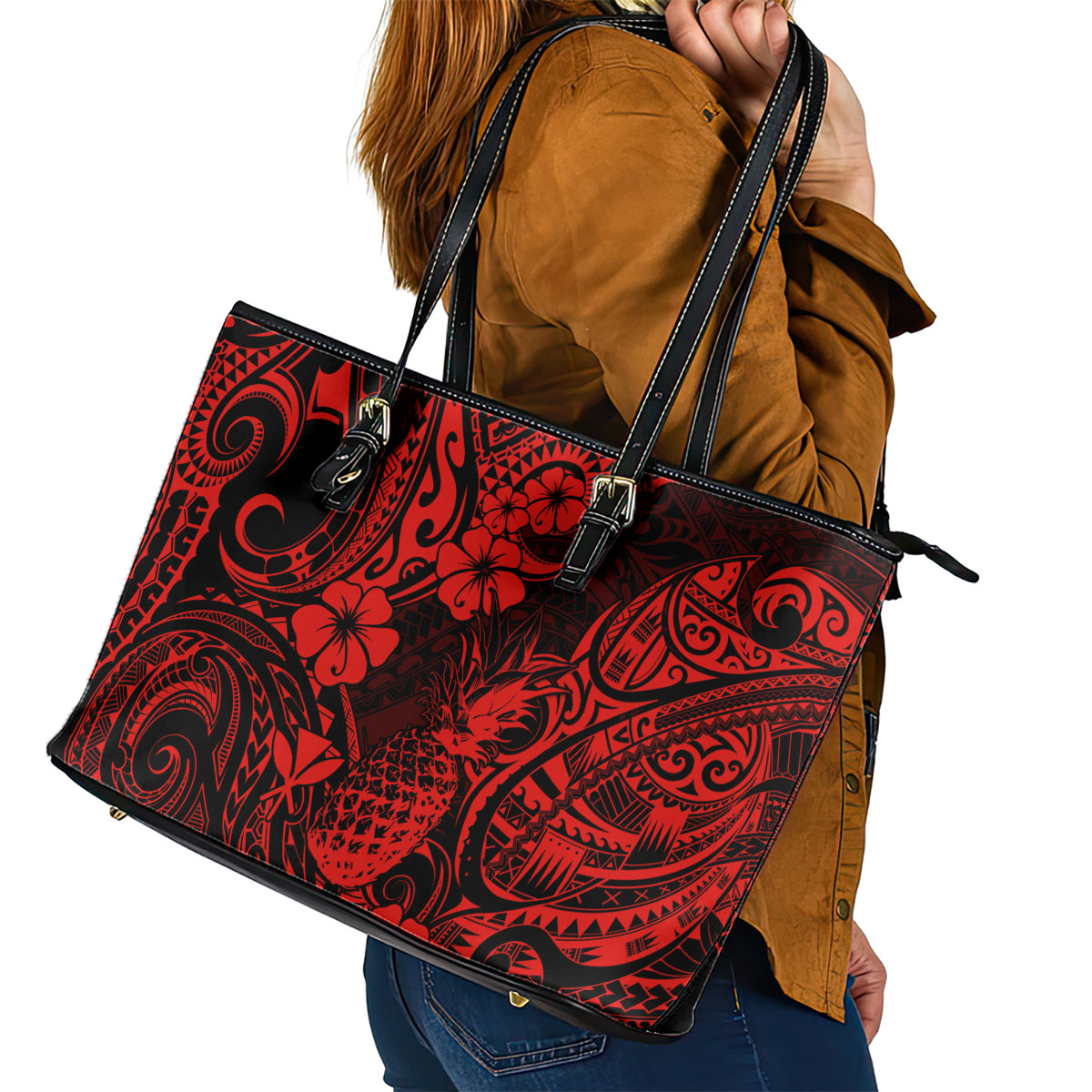 Hawaii Pineapple Leather Tote Bag Polynesian Pattern Red Version LT01 - Polynesian Pride