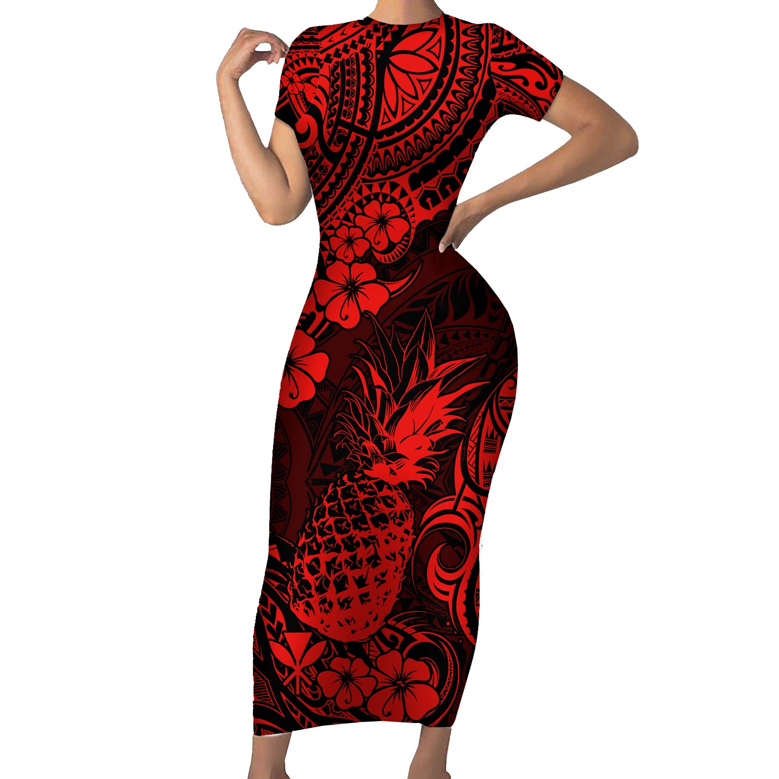 Hawaii Pineapple Short Sleeve Bodycon Dress Polynesian Pattern Red Version LT01 Long Dress Red - Polynesian Pride