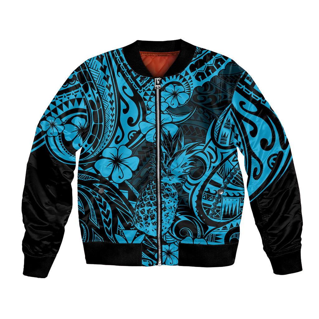 Hawaii Pineapple Bomber Jacket Polynesian Pattern Sky Blue Version LT01 Unisex Blue - Polynesian Pride