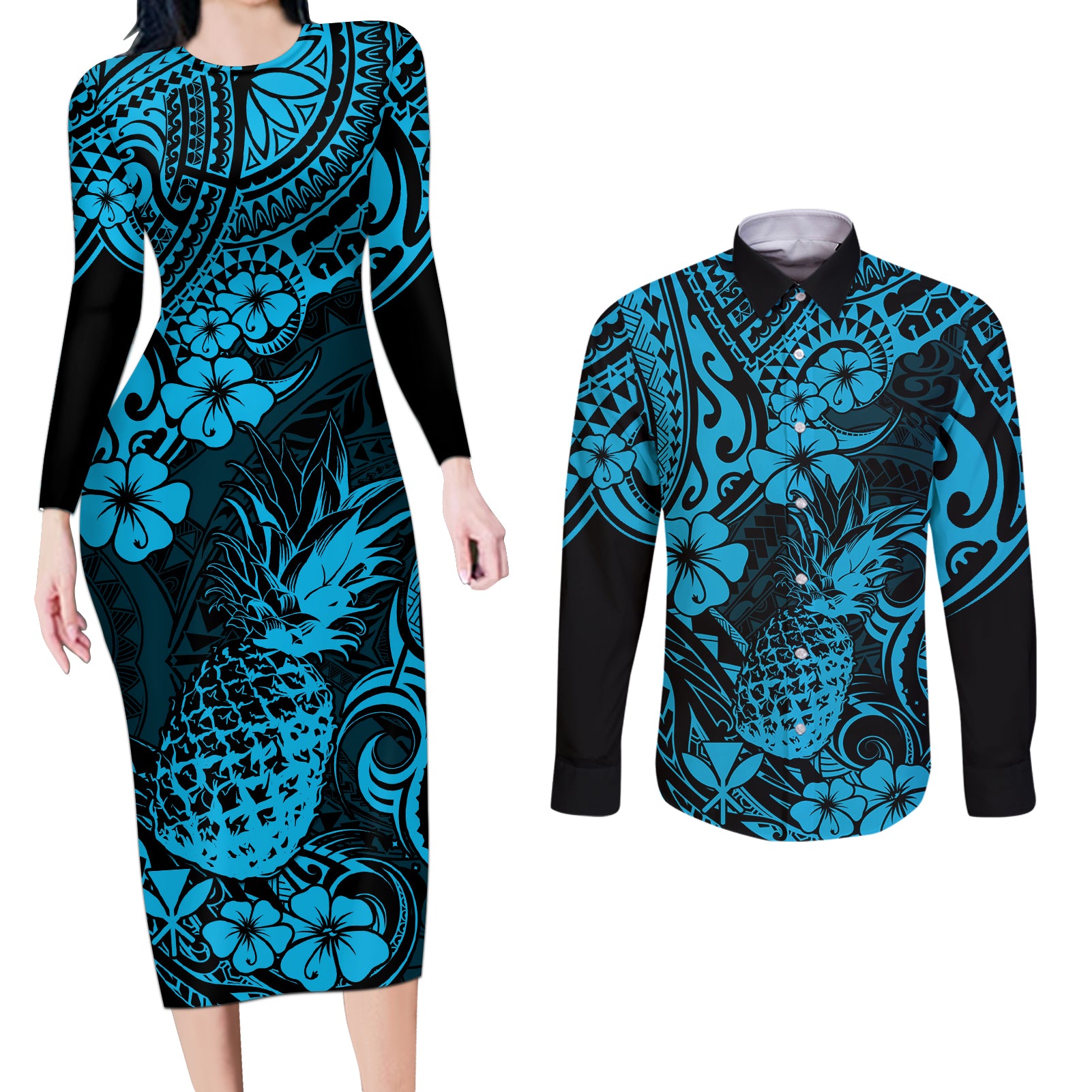 Hawaii Pineapple Couples Matching Long Sleeve Bodycon Dress and Long Sleeve Button Shirts Polynesian Pattern Sky Blue Version LT01 Blue - Polynesian Pride