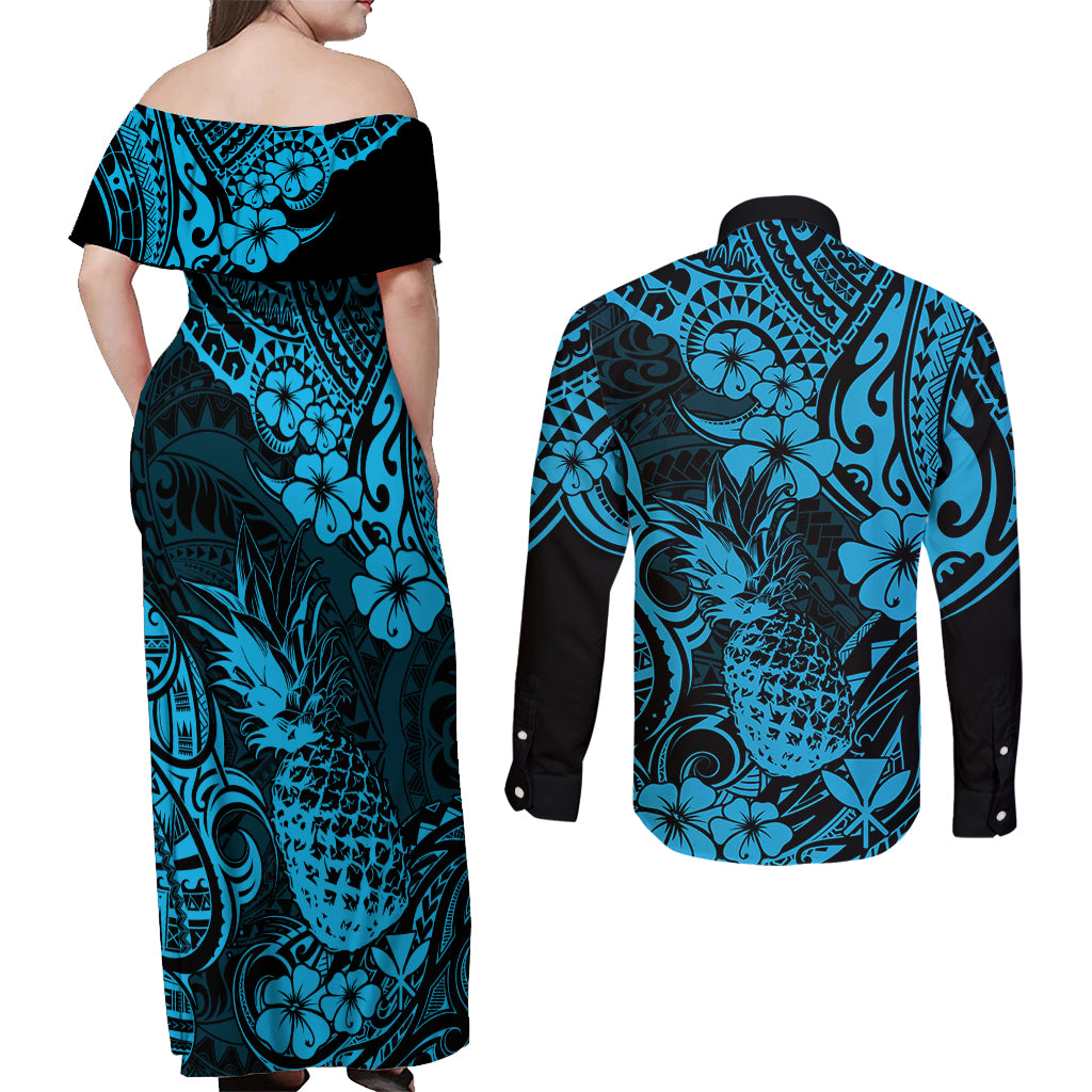 Hawaii Pineapple Couples Matching Off Shoulder Maxi Dress and Long Sleeve Button Shirts Polynesian Pattern Sky Blue Version LT01 - Polynesian Pride