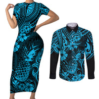 Hawaii Pineapple Couples Matching Short Sleeve Bodycon Dress and Long Sleeve Button Shirts Polynesian Pattern Sky Blue Version LT01 Blue - Polynesian Pride