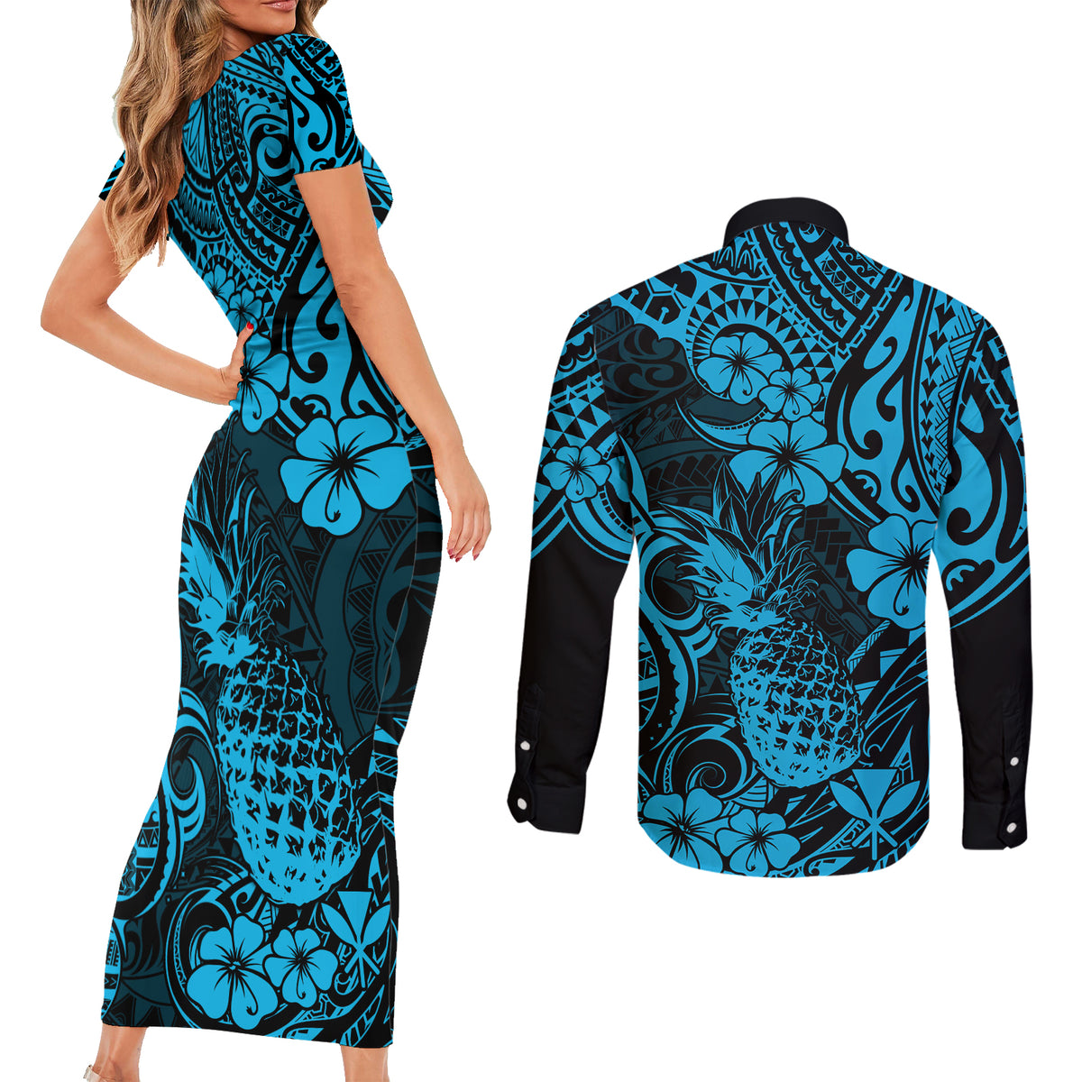 Hawaii Pineapple Couples Matching Short Sleeve Bodycon Dress and Long Sleeve Button Shirts Polynesian Pattern Sky Blue Version LT01 - Polynesian Pride