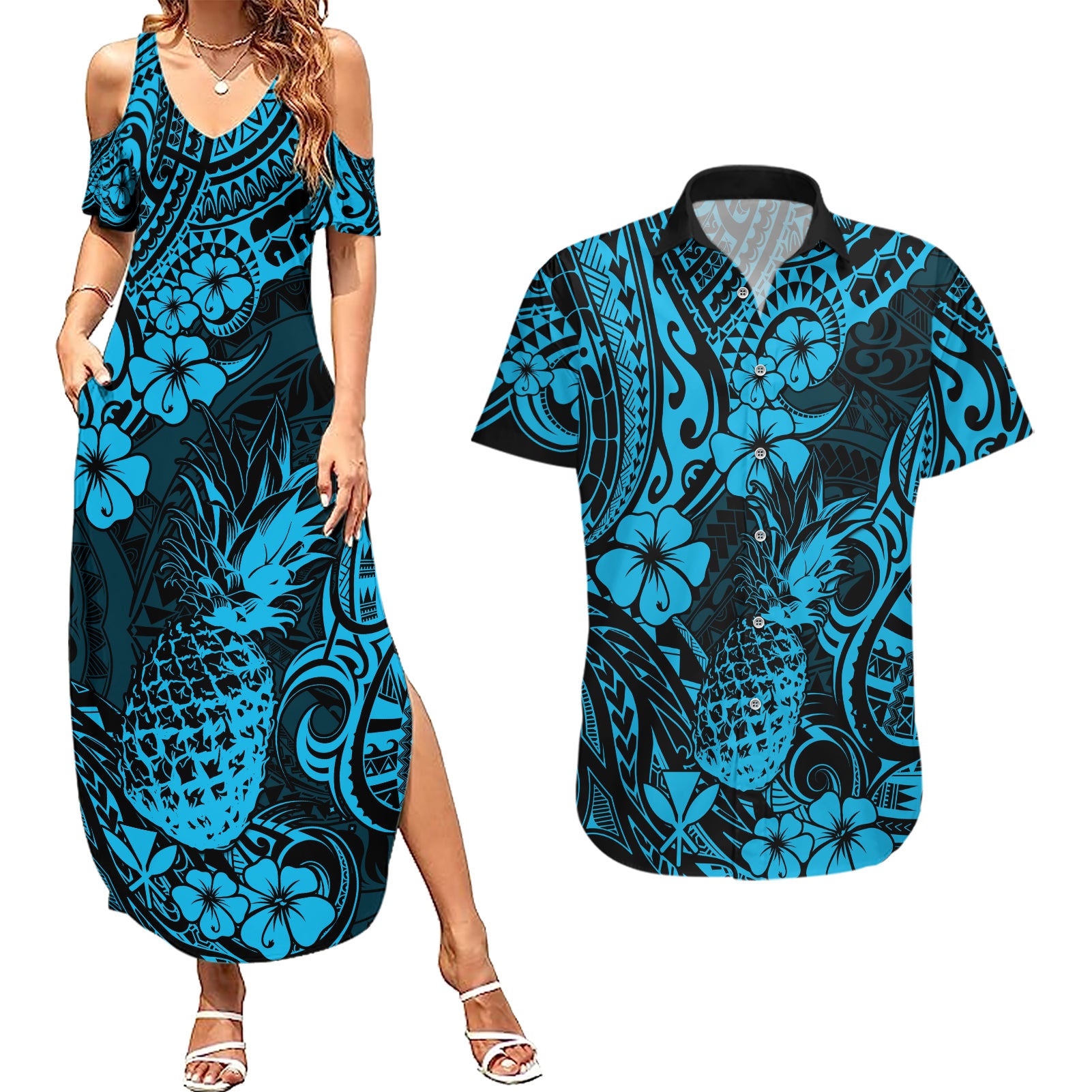 Hawaii Pineapple Couples Matching Summer Maxi Dress and Hawaiian Shirt Polynesian Pattern Sky Blue Version LT01 Blue - Polynesian Pride
