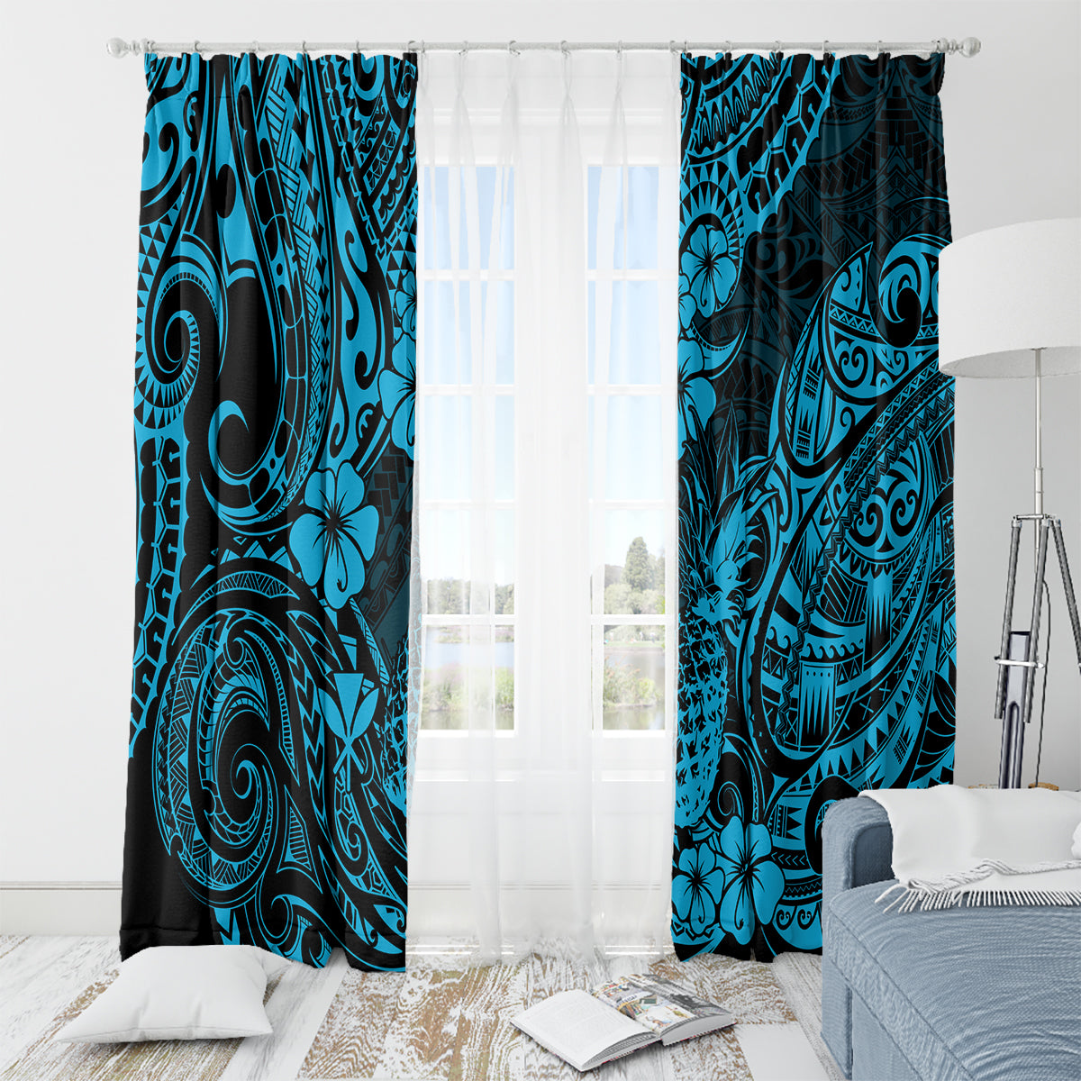 Hawaii Pineapple Window Curtain Polynesian Pattern Sky Blue Version LT01 - Polynesian Pride