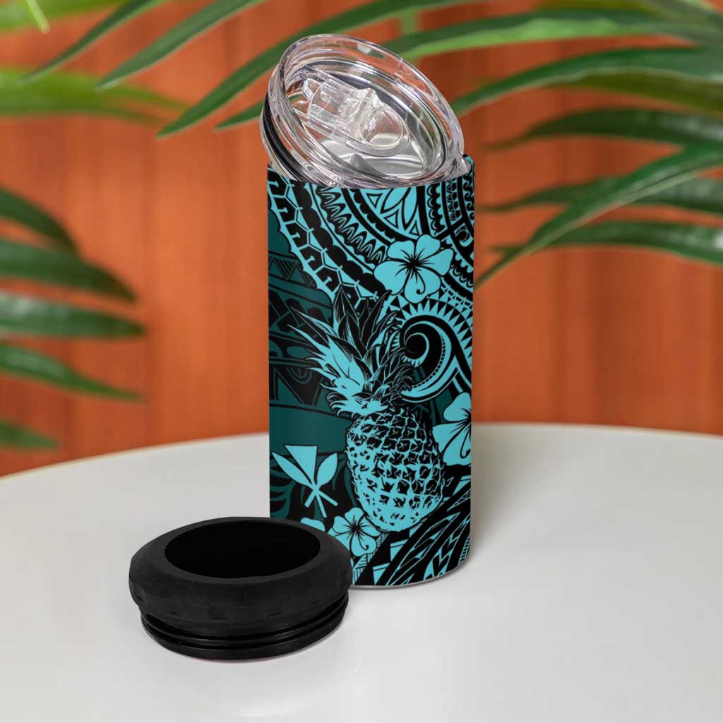 Hawaii Pineapple 4 in 1 Can Cooler Tumbler Polynesian Pattern Turquoise Version