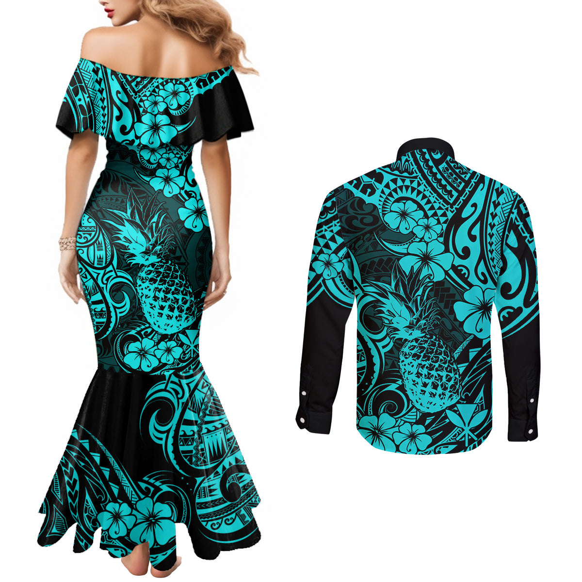 Hawaii Pineapple Couples Matching Mermaid Dress and Long Sleeve Button Shirts Polynesian Pattern Turquoise Version LT01 - Polynesian Pride