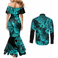 Hawaii Pineapple Couples Matching Mermaid Dress and Long Sleeve Button Shirts Polynesian Pattern Turquoise Version LT01 - Polynesian Pride