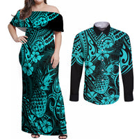 Hawaii Pineapple Couples Matching Off Shoulder Maxi Dress and Long Sleeve Button Shirts Polynesian Pattern Turquoise Version LT01 Turquoise - Polynesian Pride