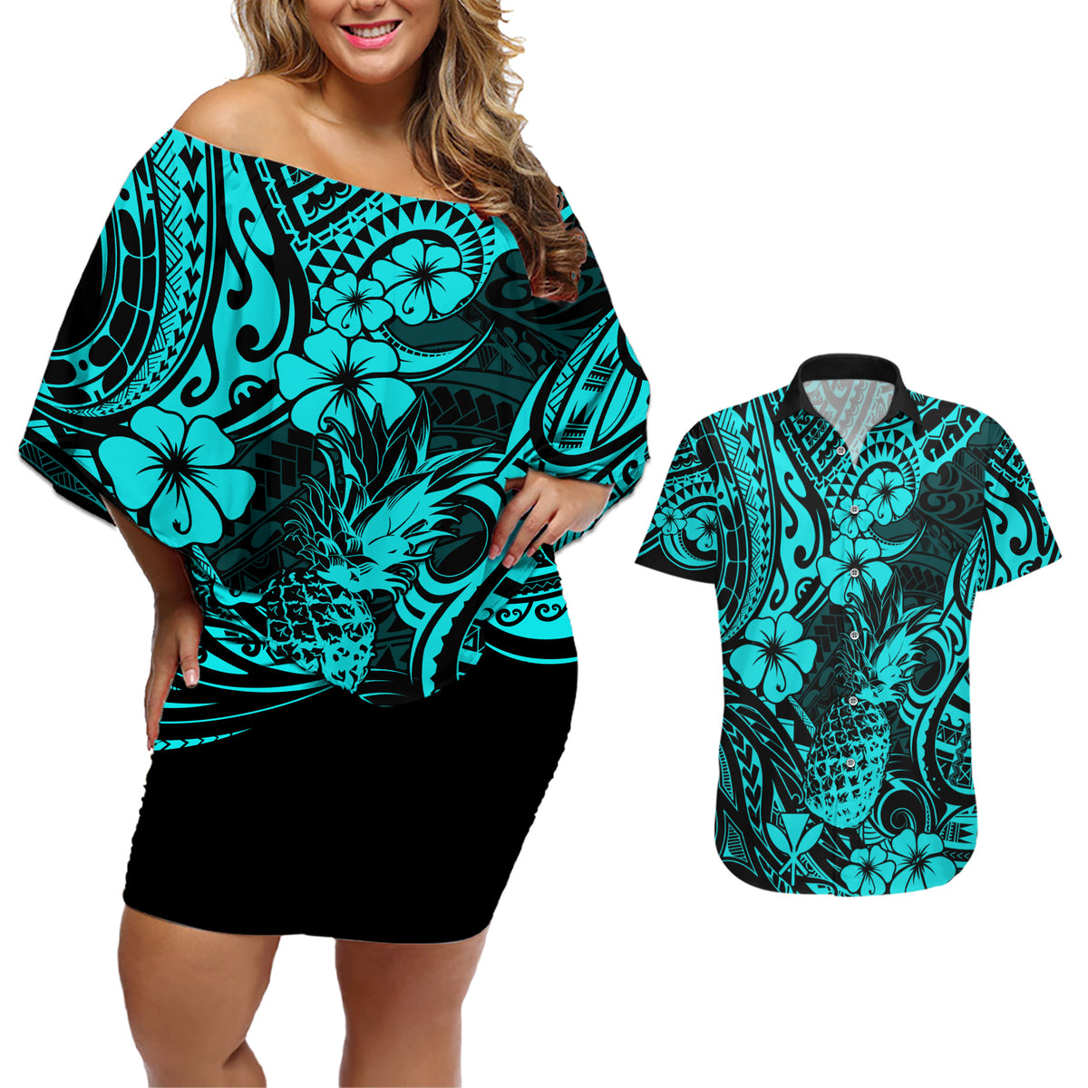 Hawaii Pineapple Couples Matching Off Shoulder Short Dress and Hawaiian Shirt Polynesian Pattern Turquoise Version LT01 Turquoise - Polynesian Pride