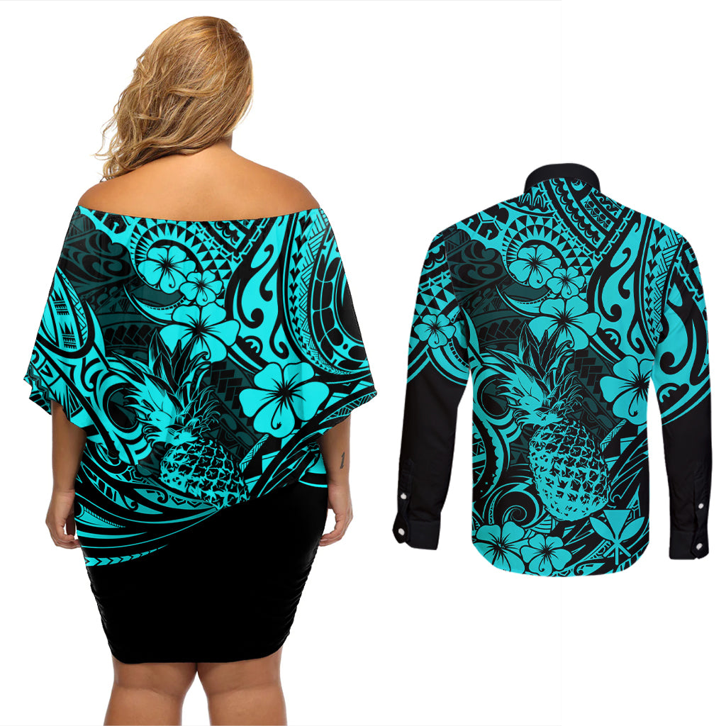 Hawaii Pineapple Couples Matching Off Shoulder Short Dress and Long Sleeve Button Shirts Polynesian Pattern Turquoise Version LT01 - Polynesian Pride