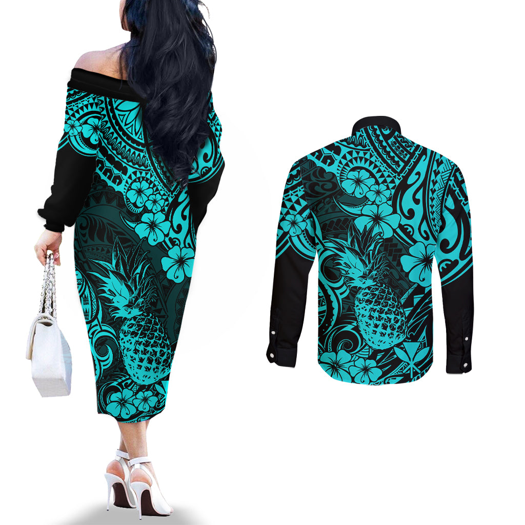 Hawaii Pineapple Couples Matching Off The Shoulder Long Sleeve Dress and Long Sleeve Button Shirts Polynesian Pattern Turquoise Version LT01 - Polynesian Pride