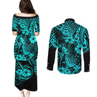 Hawaii Pineapple Couples Matching Puletasi Dress and Long Sleeve Button Shirts Polynesian Pattern Turquoise Version LT01 - Polynesian Pride