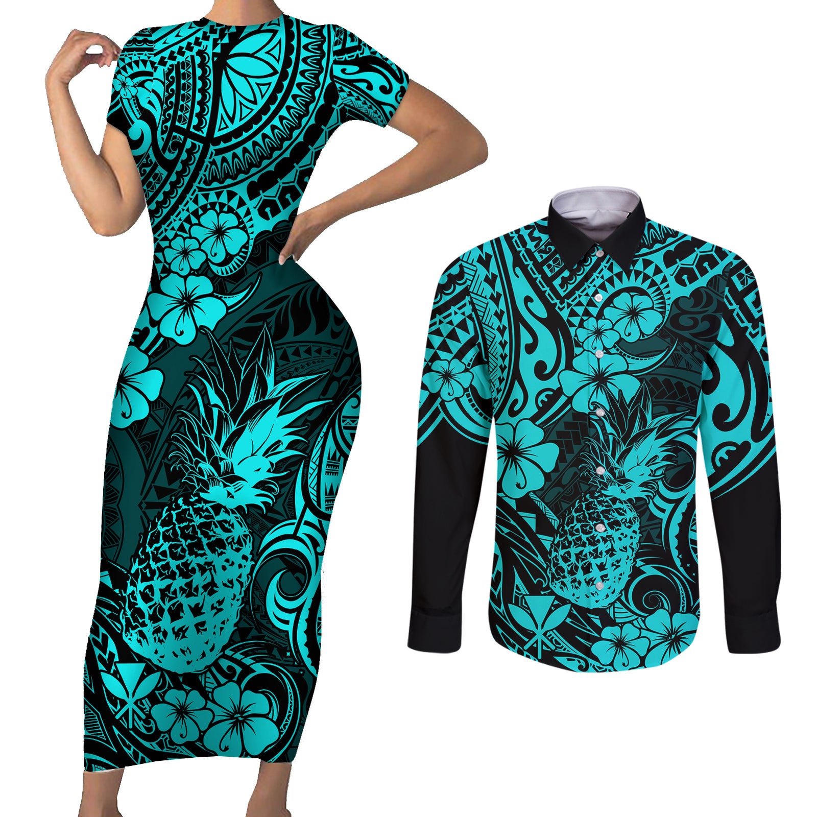 Hawaii Pineapple Couples Matching Short Sleeve Bodycon Dress and Long Sleeve Button Shirts Polynesian Pattern Turquoise Version LT01 Turquoise - Polynesian Pride