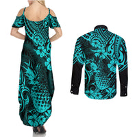 Hawaii Pineapple Couples Matching Summer Maxi Dress and Long Sleeve Button Shirts Polynesian Pattern Turquoise Version LT01 - Polynesian Pride