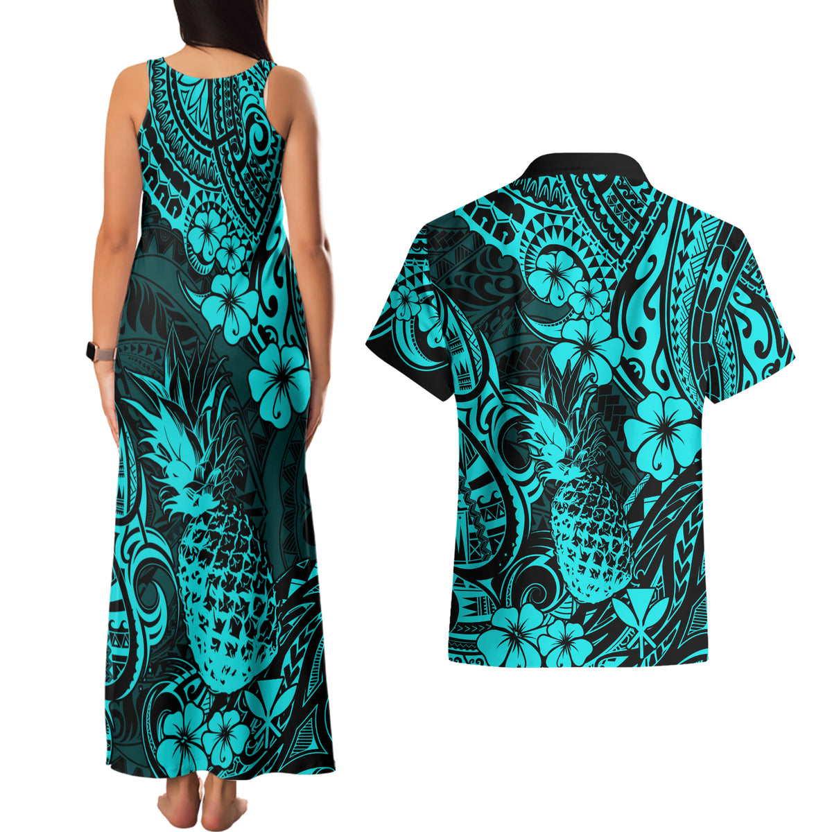 Hawaii Pineapple Couples Matching Tank Maxi Dress and Hawaiian Shirt Polynesian Pattern Turquoise Version LT01 - Polynesian Pride