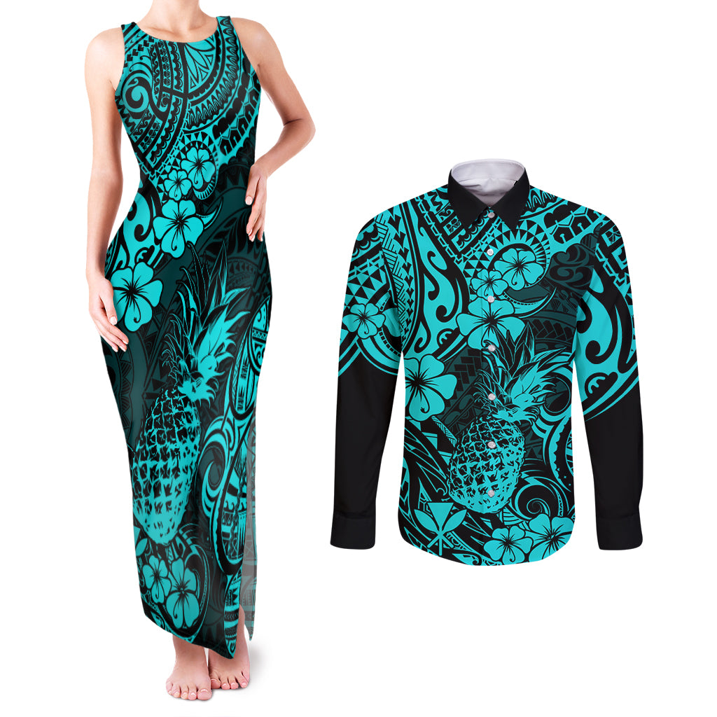Hawaii Pineapple Couples Matching Tank Maxi Dress and Long Sleeve Button Shirts Polynesian Pattern Turquoise Version LT01 Turquoise - Polynesian Pride