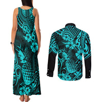 Hawaii Pineapple Couples Matching Tank Maxi Dress and Long Sleeve Button Shirts Polynesian Pattern Turquoise Version LT01 - Polynesian Pride