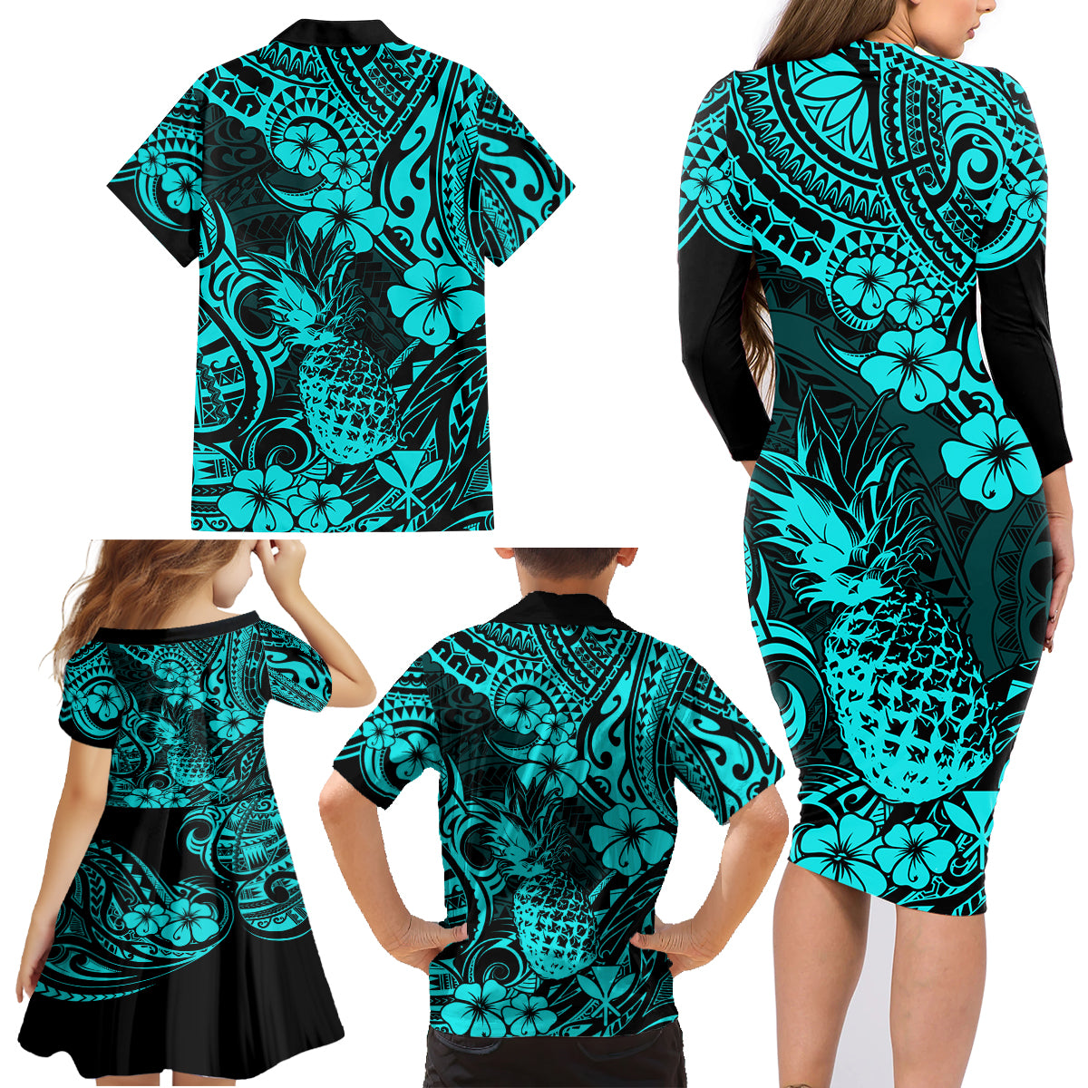 Hawaii Pineapple Family Matching Long Sleeve Bodycon Dress and Hawaiian Shirt Polynesian Pattern Turquoise Version LT01 - Polynesian Pride