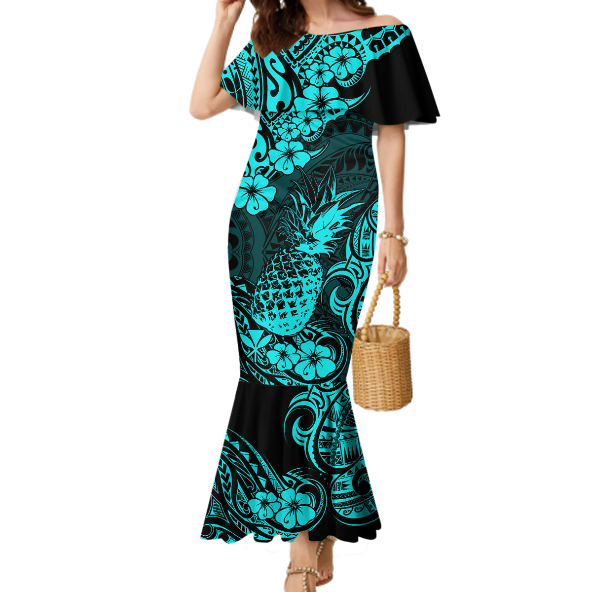Hawaii Pineapple Family Matching Mermaid Dress and Hawaiian Shirt Polynesian Pattern Turquoise Version LT01 Mom's Dress Turquoise - Polynesian Pride