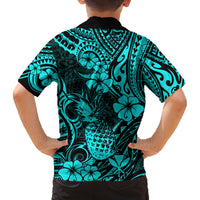 Hawaii Pineapple Family Matching Off Shoulder Long Sleeve Dress and Hawaiian Shirt Polynesian Pattern Turquoise Version LT01 - Polynesian Pride