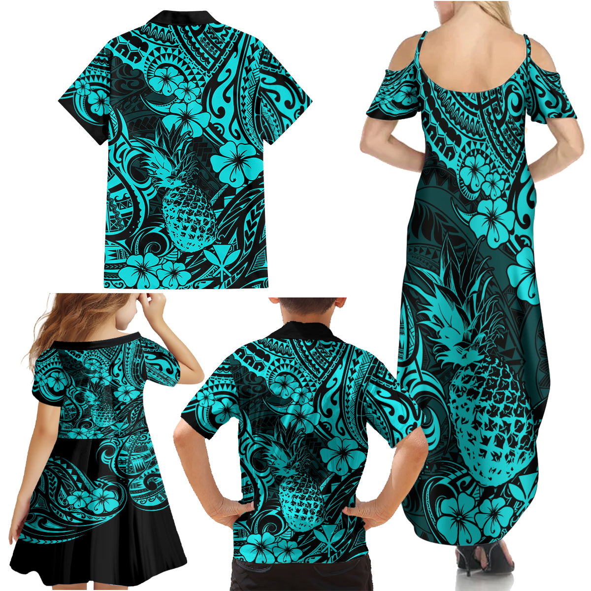 Hawaii Pineapple Family Matching Summer Maxi Dress and Hawaiian Shirt Polynesian Pattern Turquoise Version LT01 - Polynesian Pride