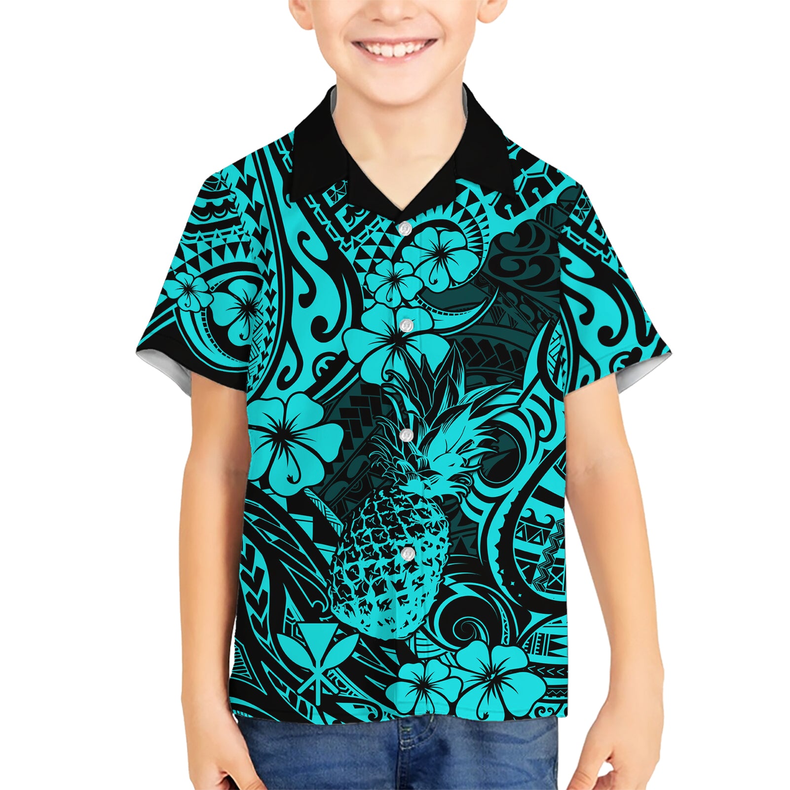Hawaii Pineapple Kid Hawaiian Shirt Polynesian Pattern Turquoise Version LT01 Kid Turquoise - Polynesian Pride