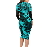Hawaii Pineapple Long Sleeve Bodycon Dress Polynesian Pattern Turquoise Version LT01 - Polynesian Pride