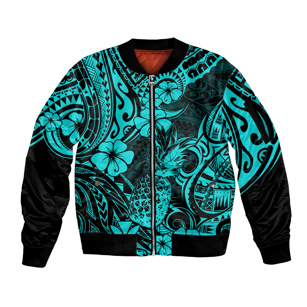 Hawaii Pineapple Sleeve Zip Bomber Jacket Polynesian Pattern Turquoise Version LT01 Unisex Turquoise - Polynesian Pride