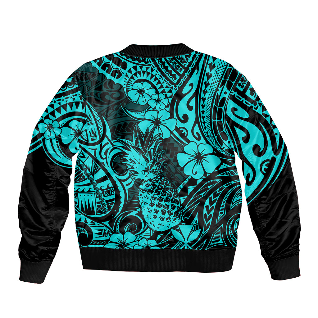 Hawaii Pineapple Sleeve Zip Bomber Jacket Polynesian Pattern Turquoise Version LT01 - Polynesian Pride