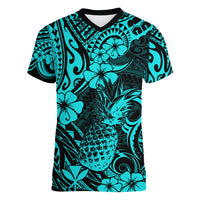 Hawaii Pineapple Women V Neck T Shirt Polynesian Pattern Turquoise Version LT01 Female Turquoise - Polynesian Pride
