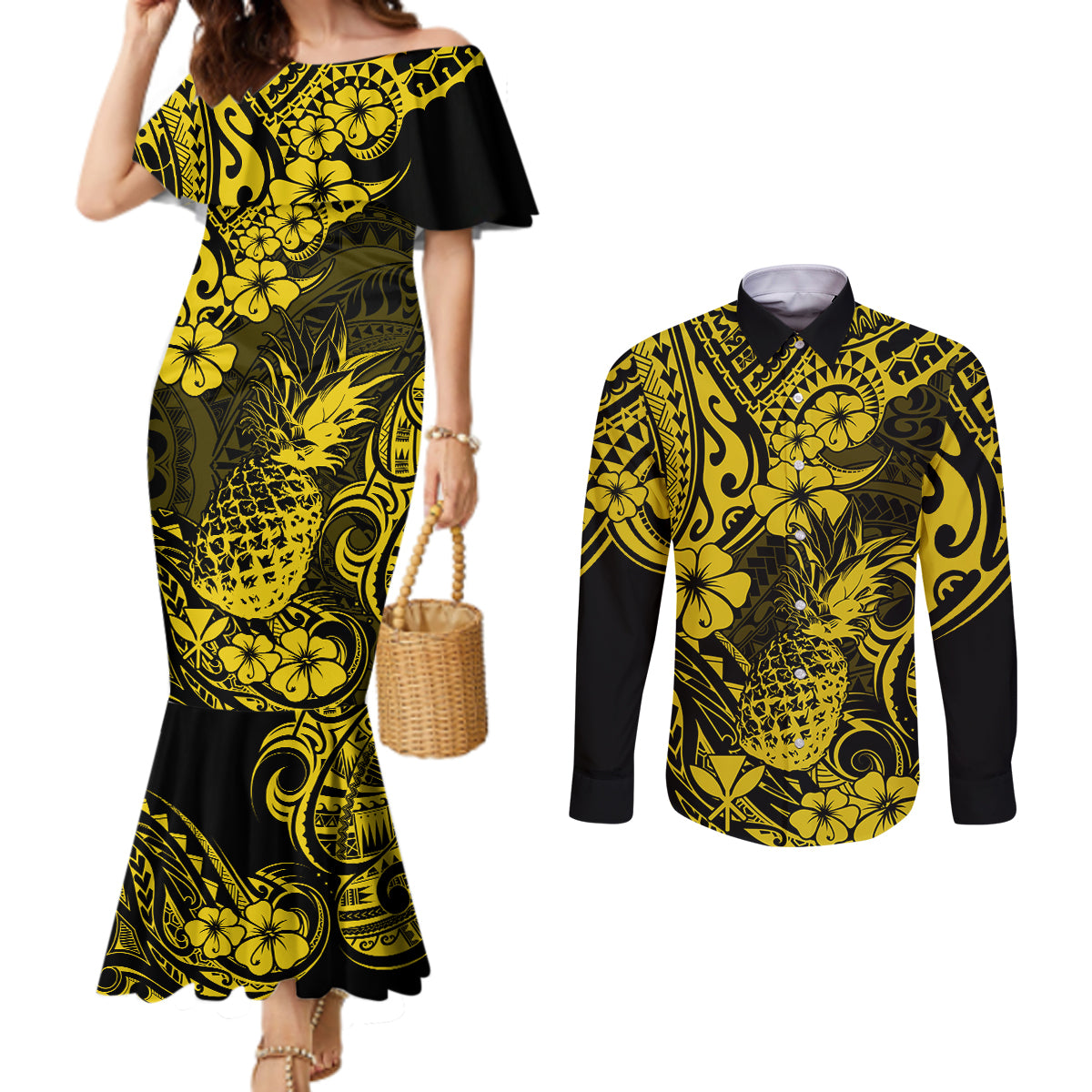 Hawaii Pineapple Couples Matching Mermaid Dress and Long Sleeve Button Shirts Polynesian Pattern Yellow Version LT01 Yellow - Polynesian Pride
