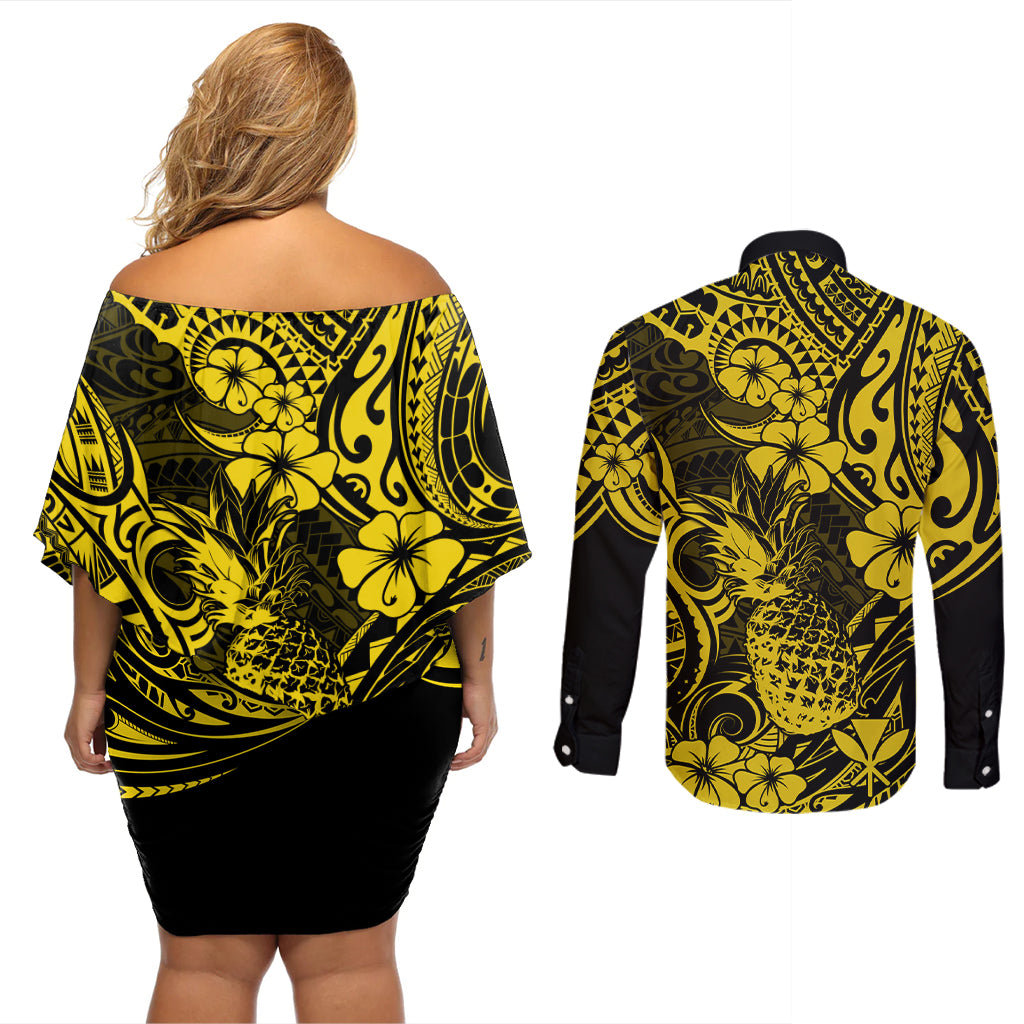 Hawaii Pineapple Couples Matching Off Shoulder Short Dress and Long Sleeve Button Shirts Polynesian Pattern Yellow Version LT01 - Polynesian Pride