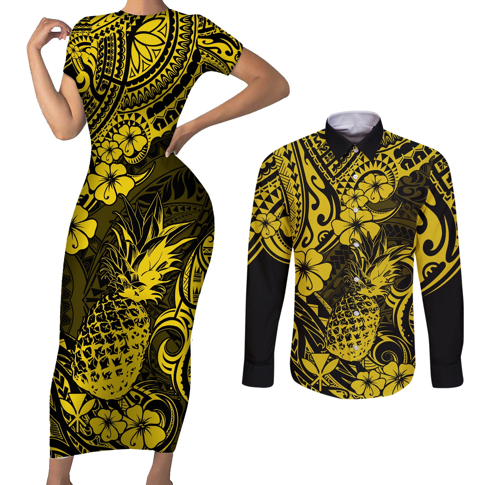Hawaii Pineapple Couples Matching Short Sleeve Bodycon Dress and Long Sleeve Button Shirts Polynesian Pattern Yellow Version LT01 Yellow - Polynesian Pride