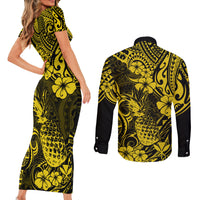 Hawaii Pineapple Couples Matching Short Sleeve Bodycon Dress and Long Sleeve Button Shirts Polynesian Pattern Yellow Version LT01 - Polynesian Pride