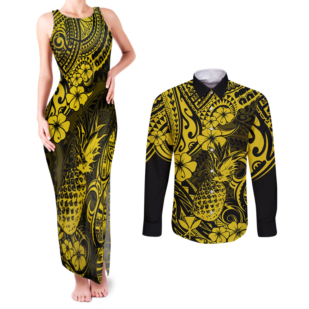 Hawaii Pineapple Couples Matching Tank Maxi Dress and Long Sleeve Button Shirts Polynesian Pattern Yellow Version LT01 Yellow - Polynesian Pride