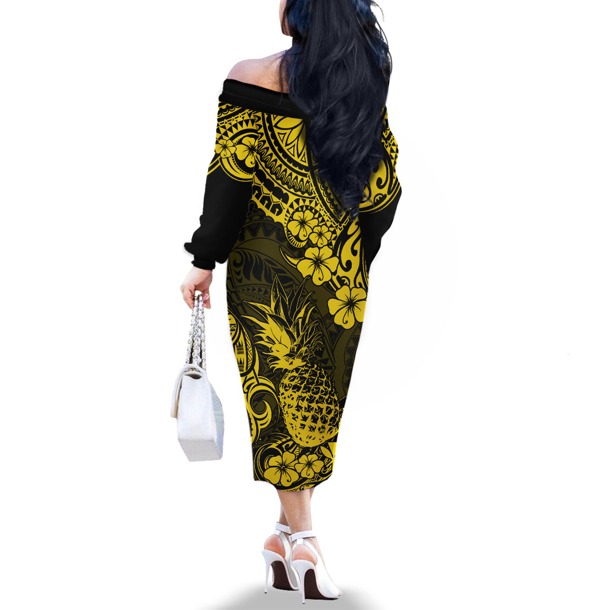 Hawaii Pineapple Family Matching Off Shoulder Long Sleeve Dress and Hawaiian Shirt Polynesian Pattern Yellow Version LT01 - Polynesian Pride