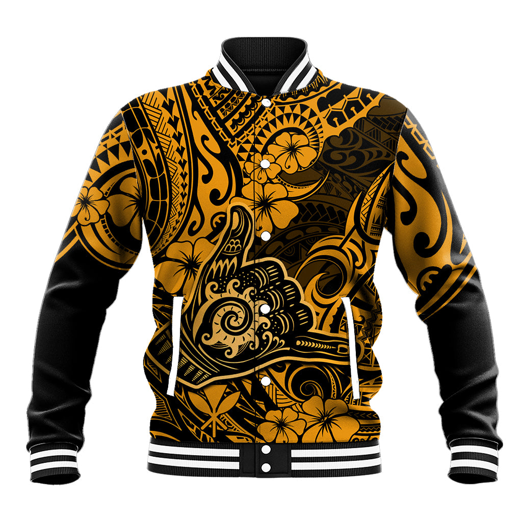 Hawaii Shaka Sign Baseball Jacket With Polynesian Hibiscus Gold Unique LT01 Unisex Gold - Polynesian Pride
