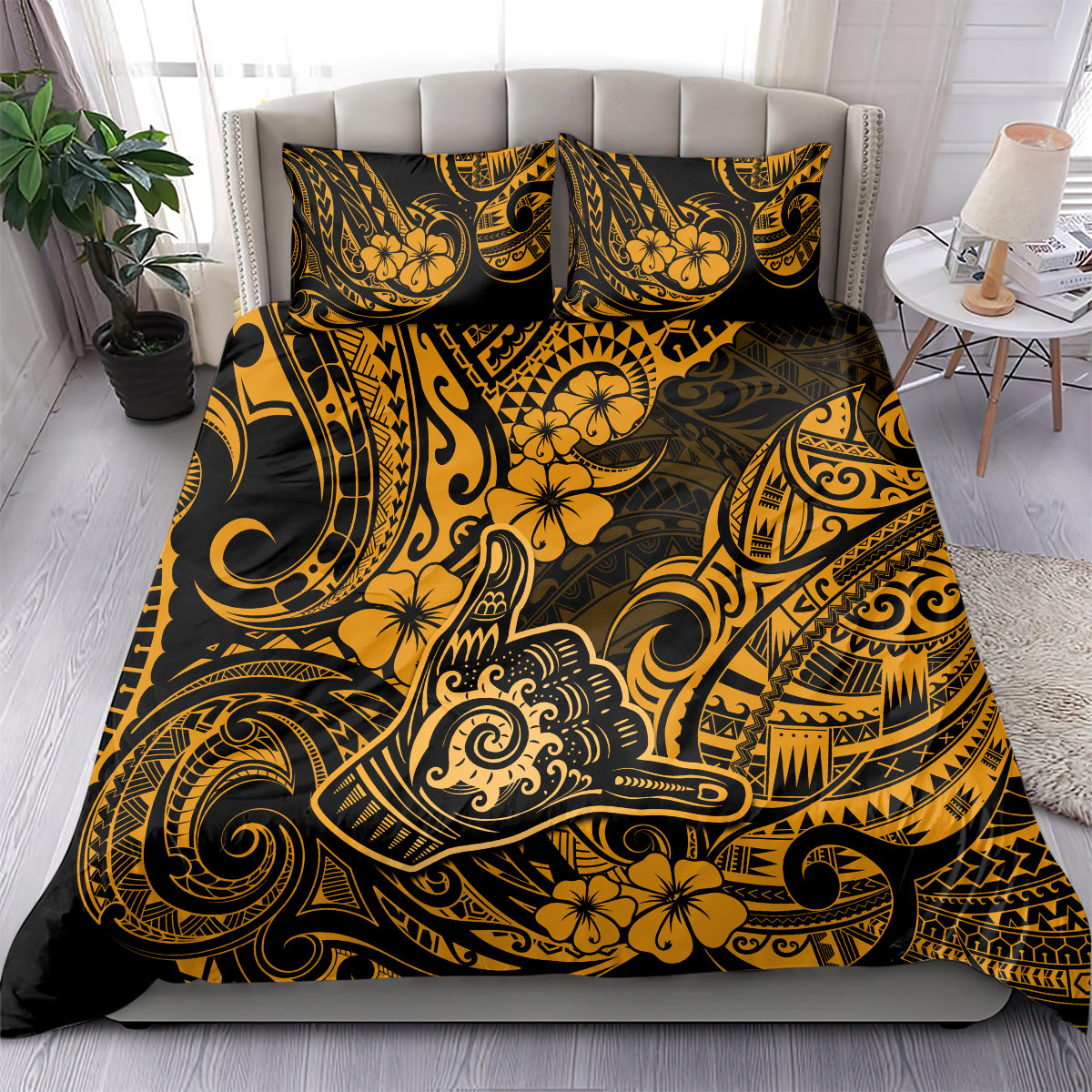 Hawaii Shaka Sign Bedding Set With Polynesian Hibiscus Gold Unique LT01 - Polynesian Pride