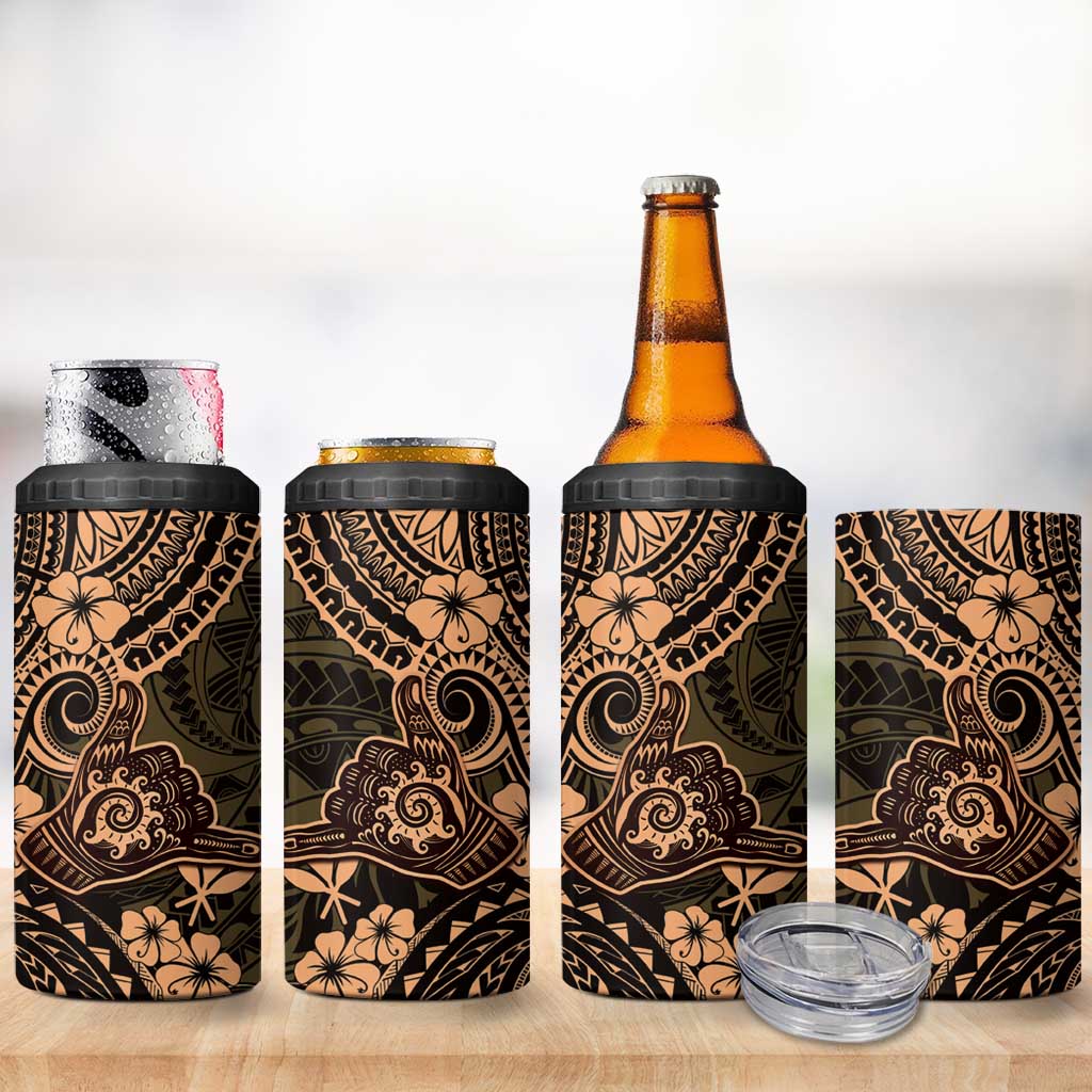 Hawaii Shaka Sign 4 in 1 Can Cooler Tumbler With Polynesian Hibiscus Gold Unique