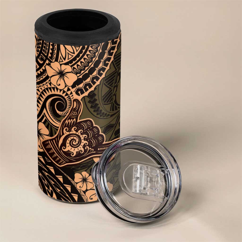 Hawaii Shaka Sign 4 in 1 Can Cooler Tumbler With Polynesian Hibiscus Gold Unique