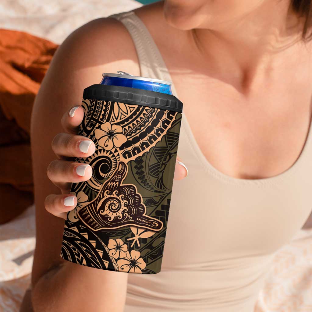 Hawaii Shaka Sign 4 in 1 Can Cooler Tumbler With Polynesian Hibiscus Gold Unique