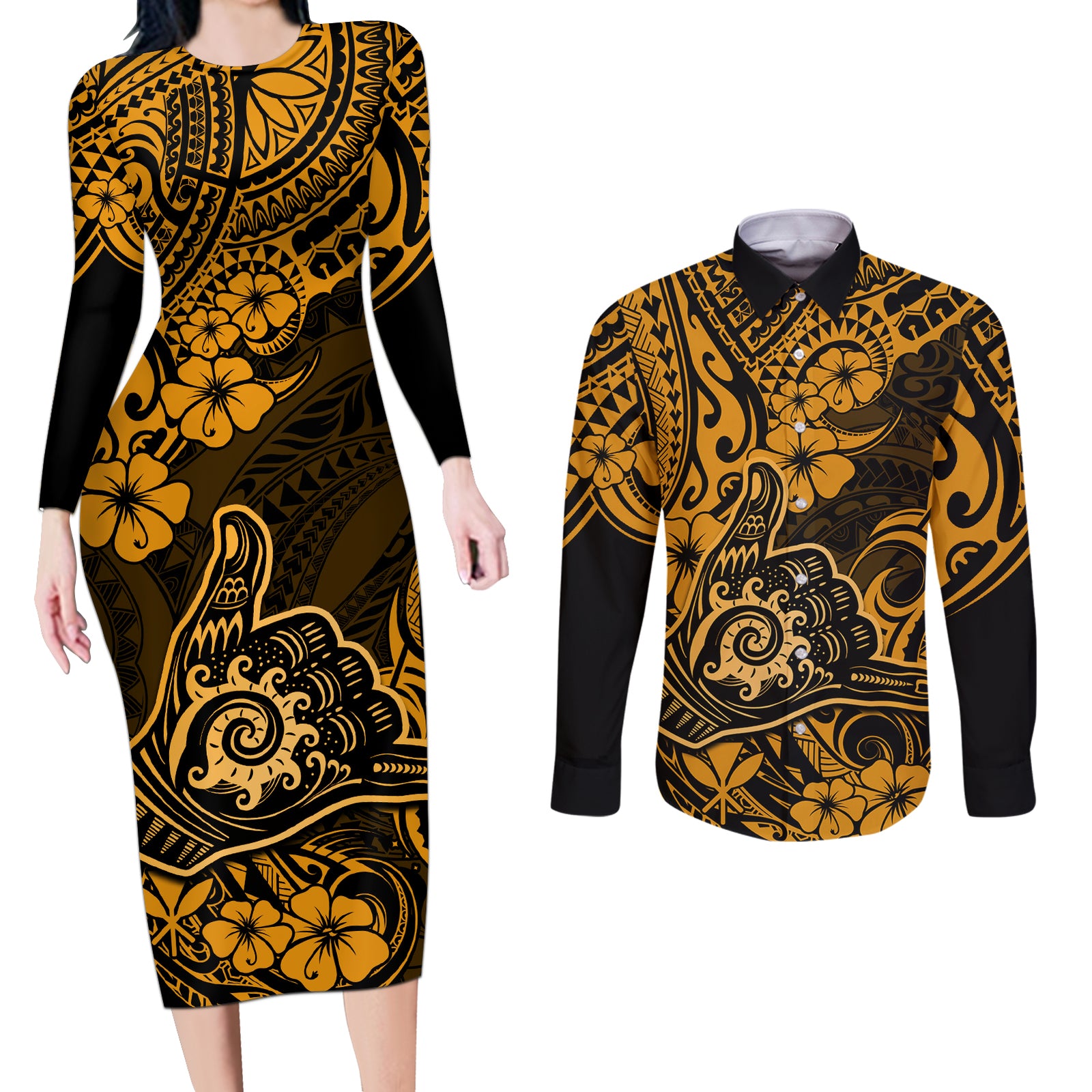 Hawaii Shaka Sign Couples Matching Long Sleeve Bodycon Dress and Long Sleeve Button Shirts With Polynesian Hibiscus Gold Unique LT01 Gold - Polynesian Pride