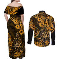 Hawaii Shaka Sign Couples Matching Off Shoulder Maxi Dress and Long Sleeve Button Shirts With Polynesian Hibiscus Gold Unique LT01 - Polynesian Pride