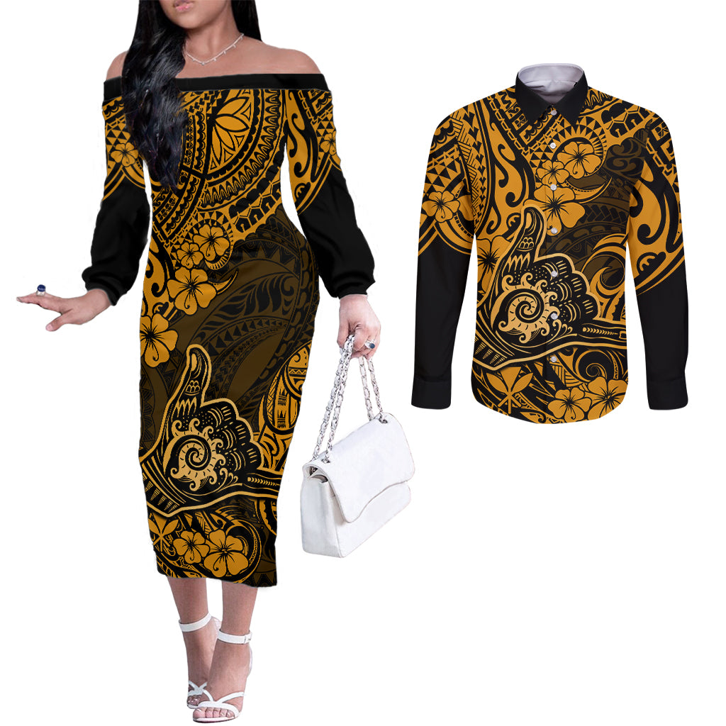 Hawaii Shaka Sign Couples Matching Off The Shoulder Long Sleeve Dress and Long Sleeve Button Shirts With Polynesian Hibiscus Gold Unique LT01 Gold - Polynesian Pride