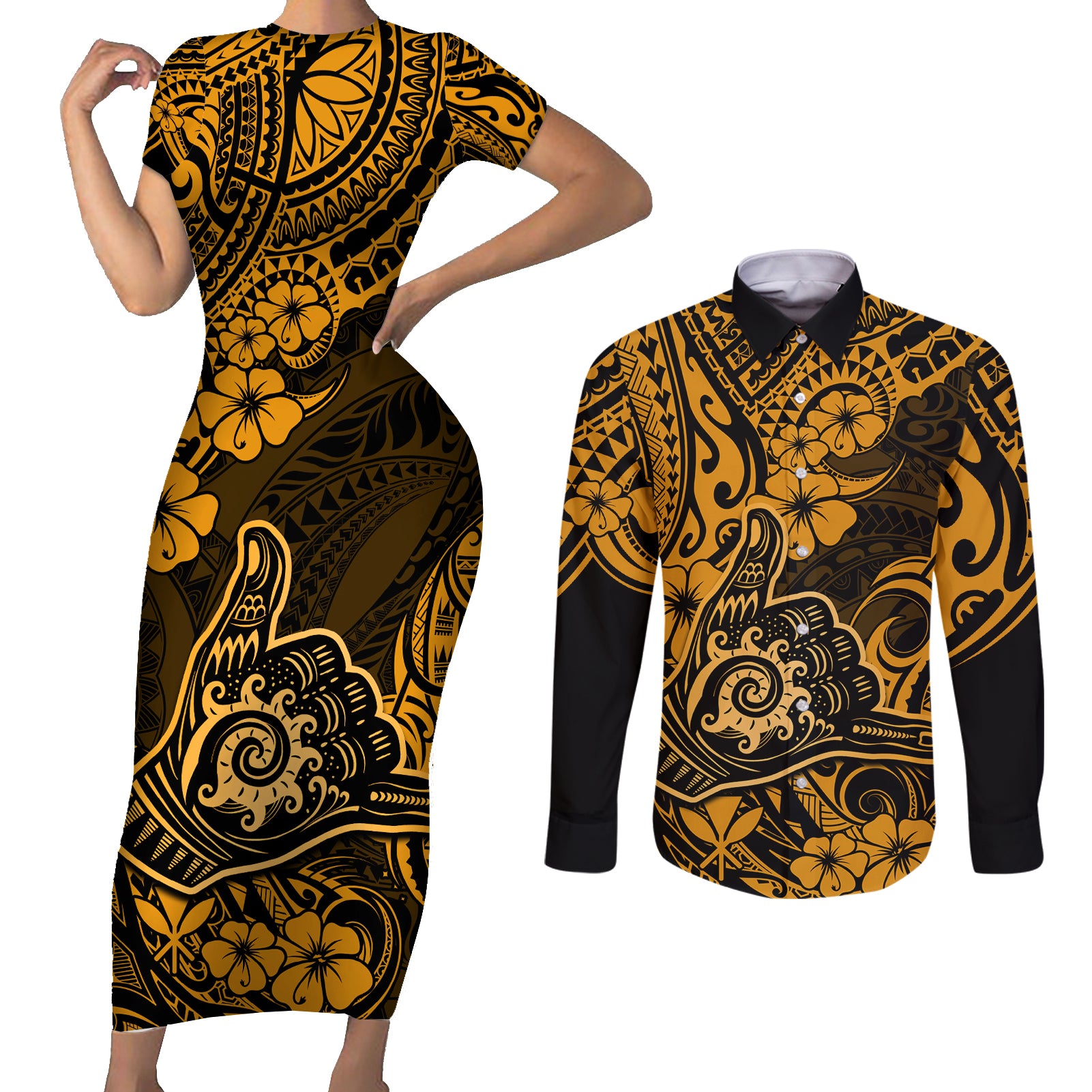 Hawaii Shaka Sign Couples Matching Short Sleeve Bodycon Dress and Long Sleeve Button Shirts With Polynesian Hibiscus Gold Unique LT01 Gold - Polynesian Pride