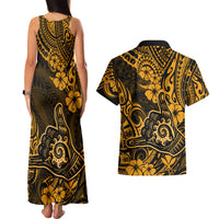 Hawaii Shaka Sign Couples Matching Tank Maxi Dress and Hawaiian Shirt With Polynesian Hibiscus Gold Unique LT01 - Polynesian Pride
